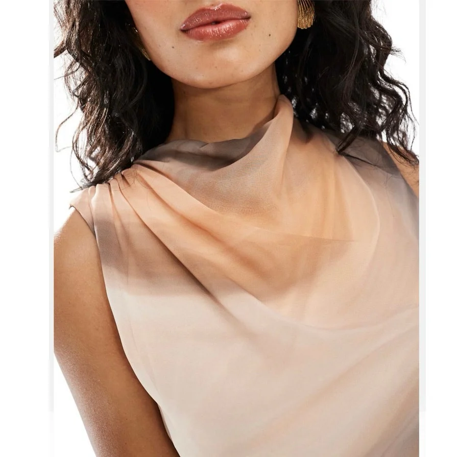 ASOS Design Beige High Neck Chiffon Drape Sleeveless Mini Sheath Dress Size 6 - Image 5