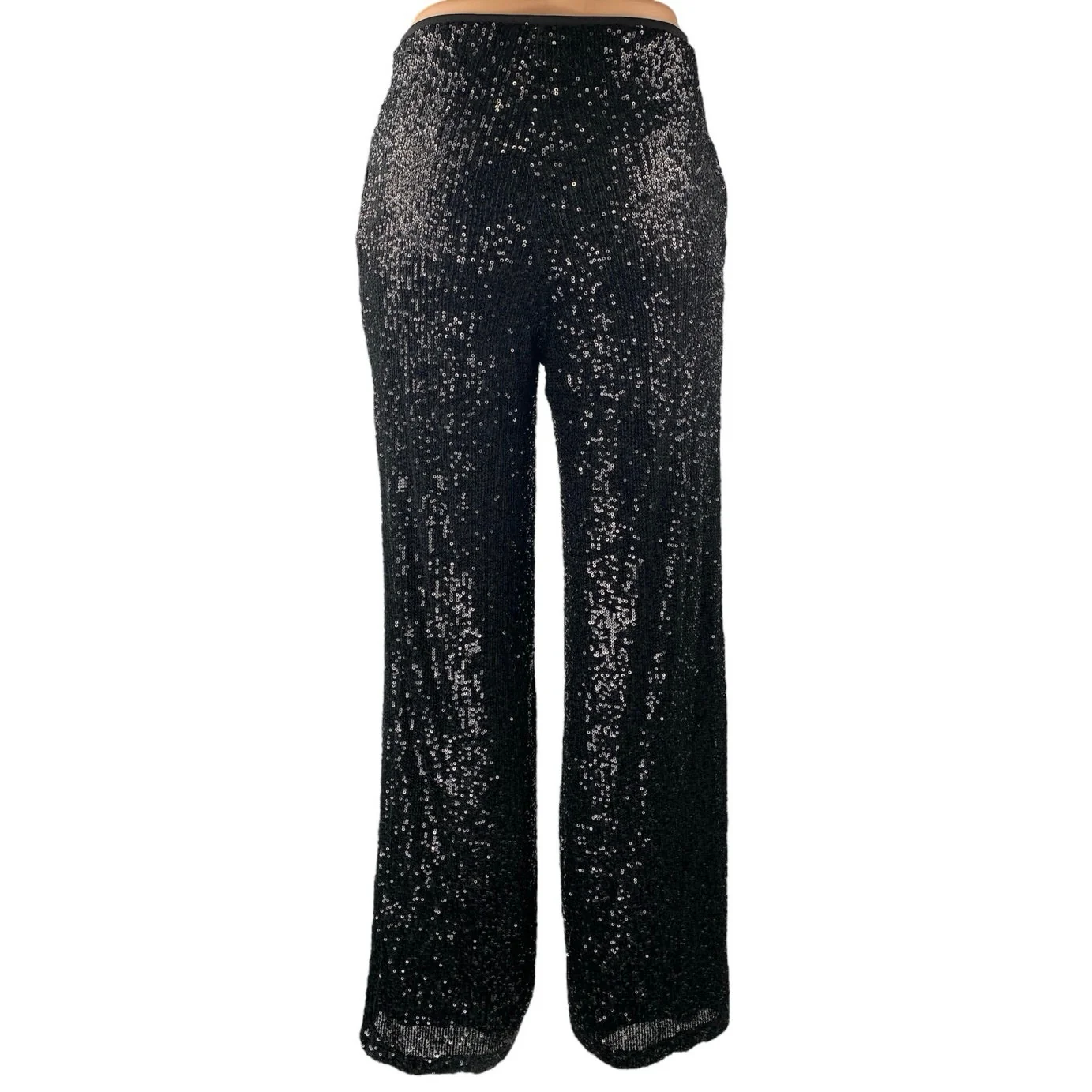 ASOS Design Black Sequin Shimmer Glitter Wide Leg High Waist Trousers Pants Sz 4 - Image 3