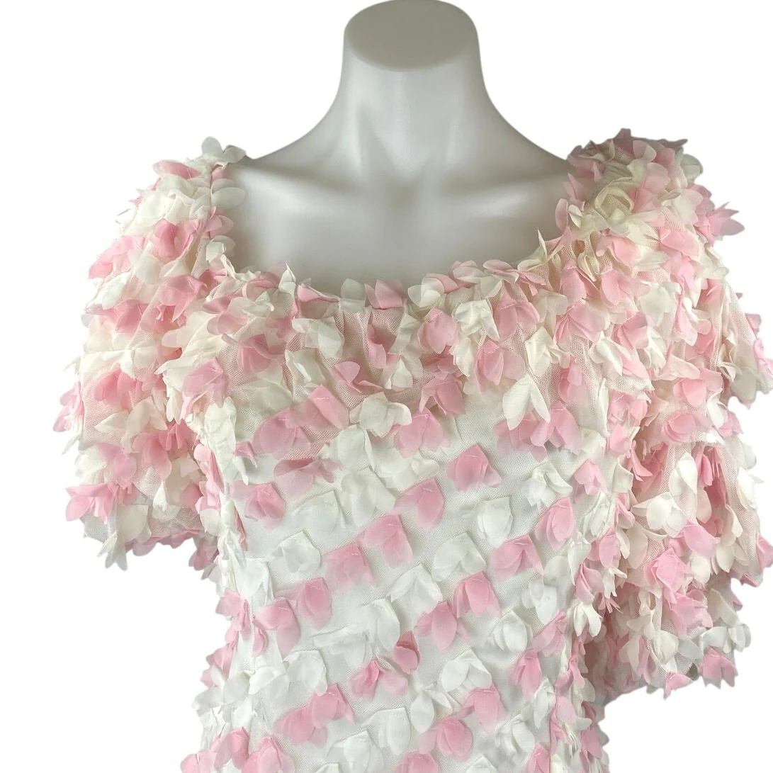 ASOS Design Pink White 3D Floral Ruffle Short Puff Sleeve Bodysuit Top Size 16 - Image 3