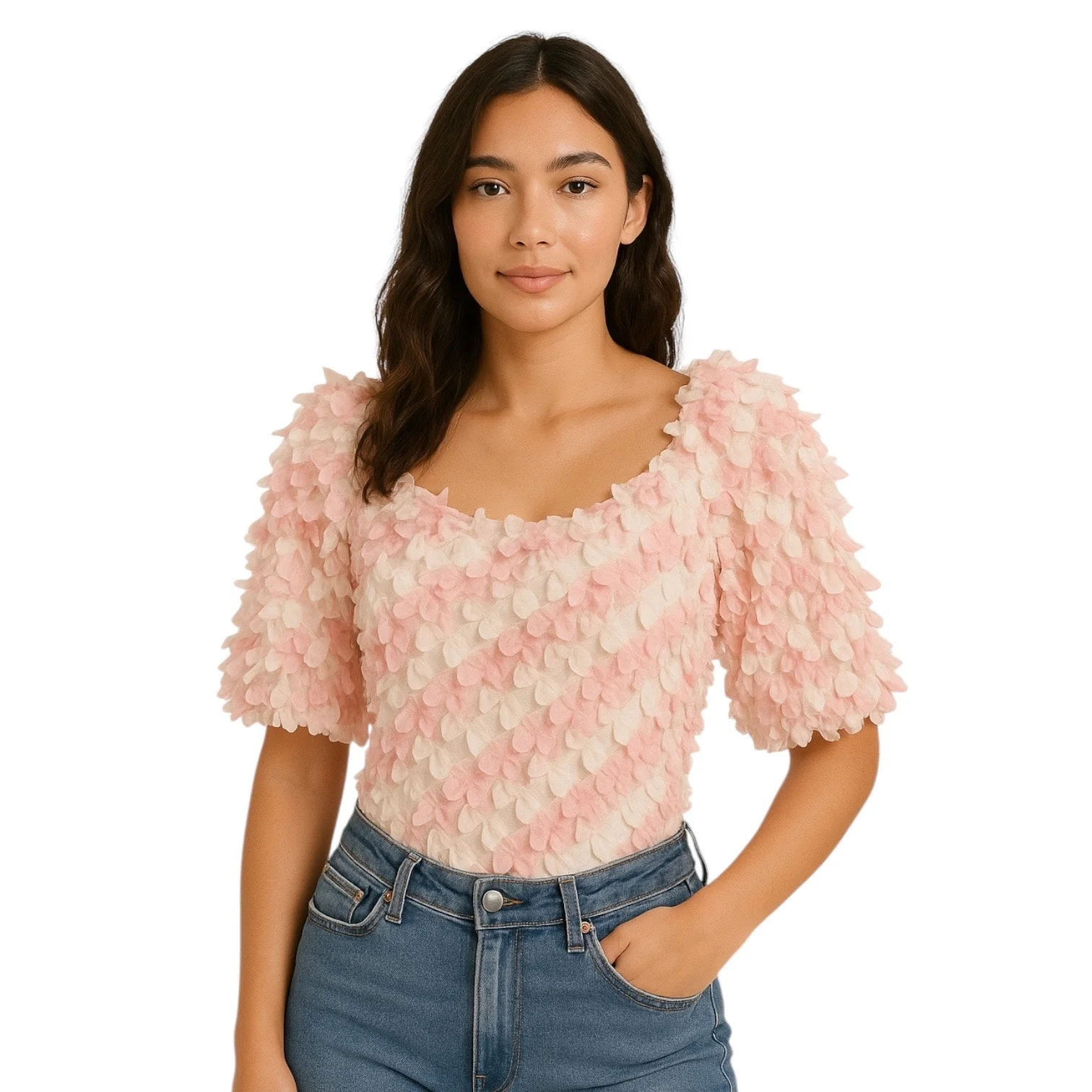 ASOS Design Pink White 3D Floral Ruffle Short Puff Sleeve Bodysuit Top Size 16 - Image 9