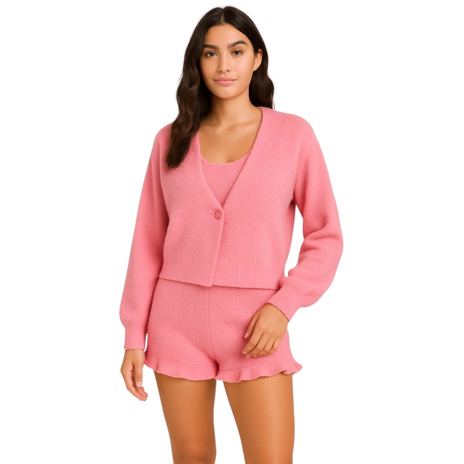ASOS Pink Fleece Cardigan Short Sleeve T Shirt Shorts Sweater 3 Piece Set Size 2 - Image 2