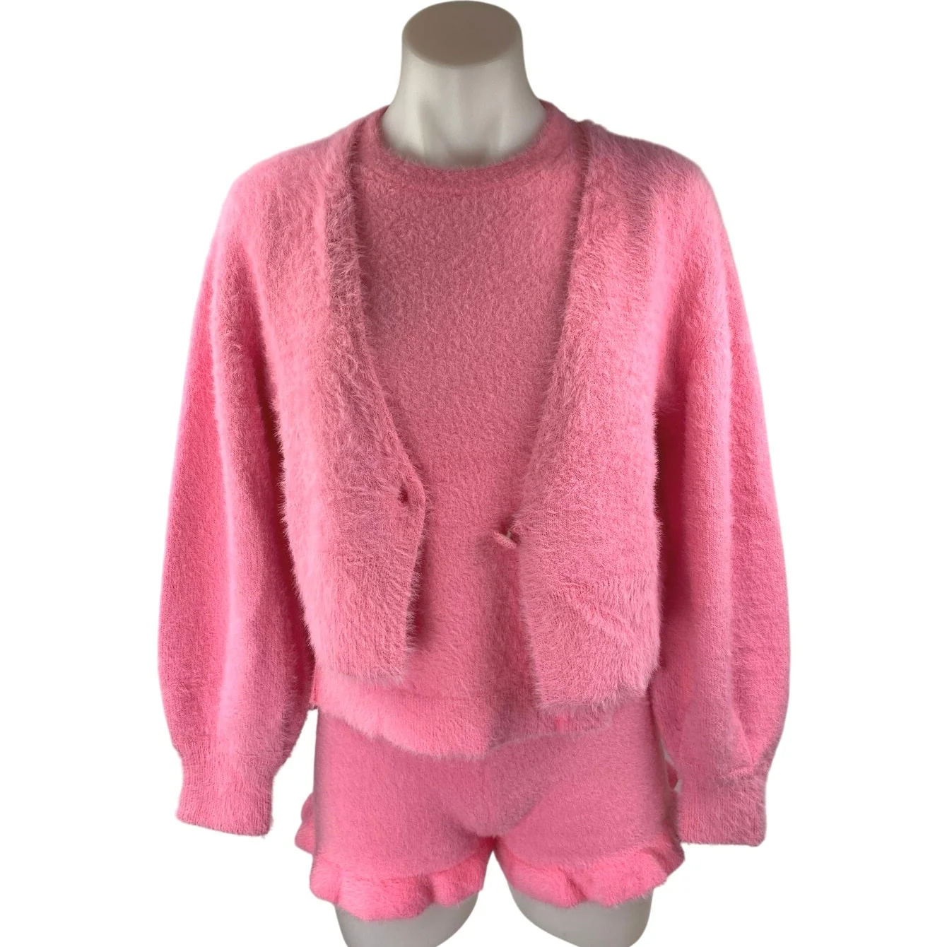 ASOS Pink Fleece Cardigan Short Sleeve T Shirt Shorts Sweater 3 Piece Set Size 2 - Image 3