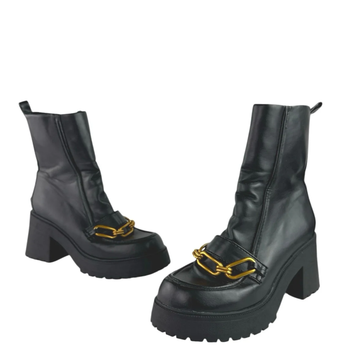 Asos Rani Women's Black Leather Zip Chain Chunky Platform Block Heels Boots Sz 8 - Image 5