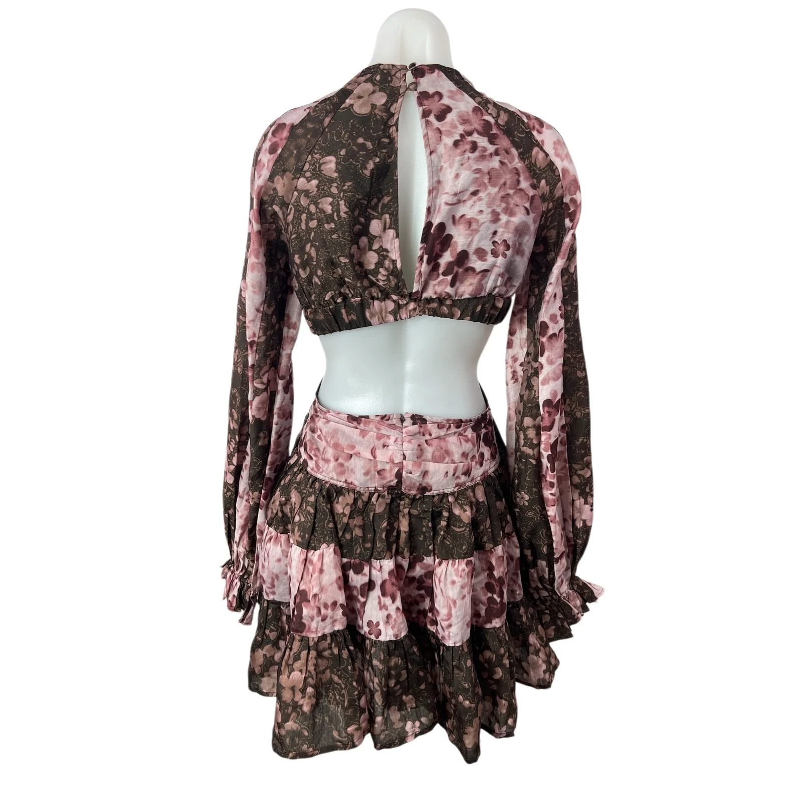 ASOS Voile Pink Brown Floral Striped Twist Front Cutout Fit & Flare Mini Dress 6 - Image 3