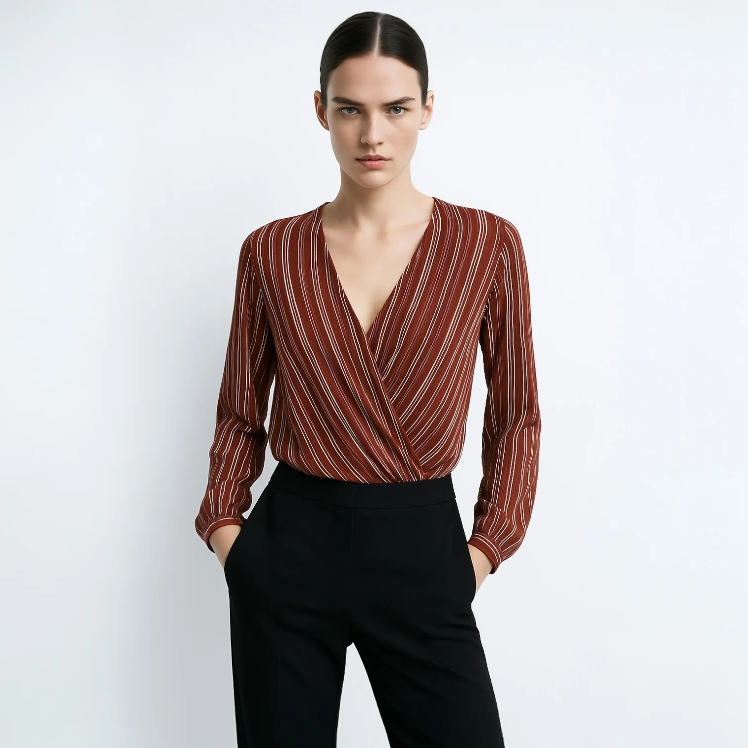ASTR Brown Multicolor Striped Deep V Career Long Sleeve Cropped Blouse Top Sz S - Image 2