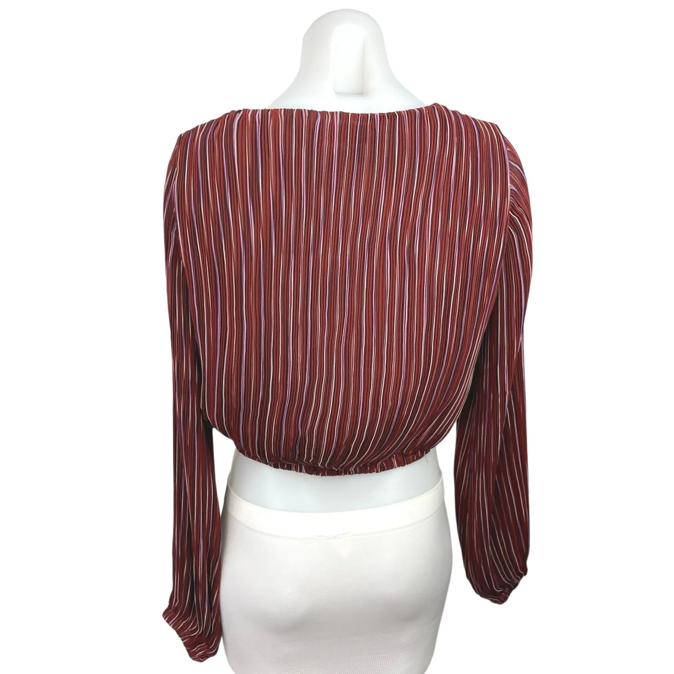 ASTR Brown Multicolor Striped Deep V Career Long Sleeve Cropped Blouse Top Sz S - Image 3
