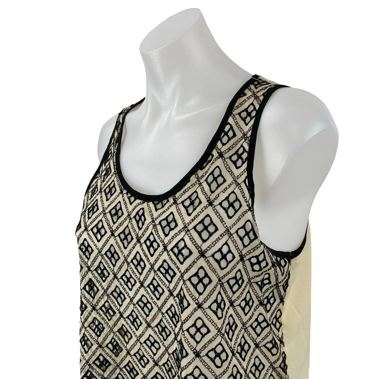 ASTR Cream Black Embroidered Argyle Sleeveless Scoop Cami Tank Blouse Top Size S - Image 3