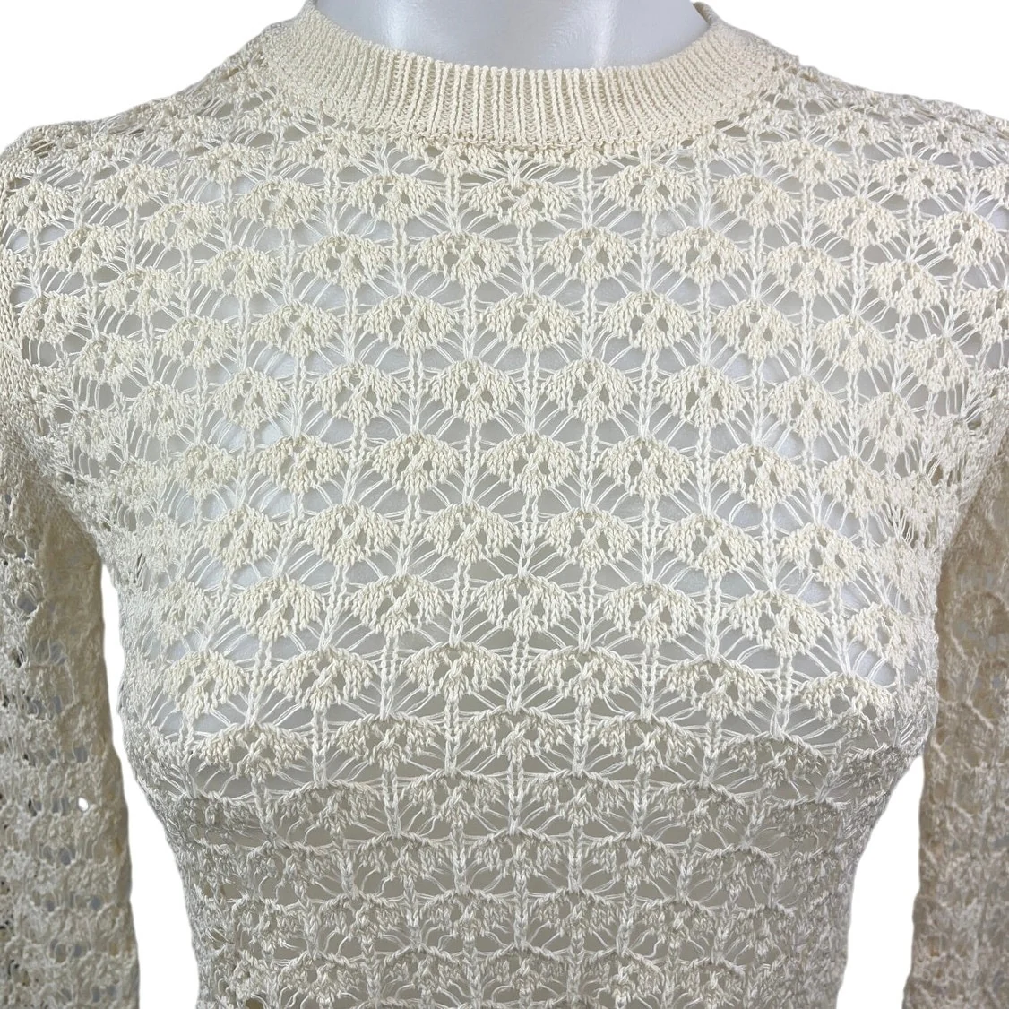 ASTR Cream Crochet Knitted High Neck Long Sleeve Pullover Crop Sweater Top XS - Image 3