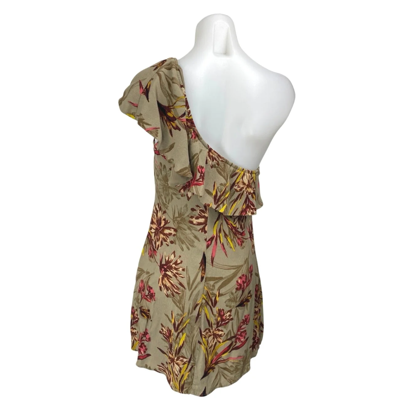ASTR The Label Beige Floral One Shoulder Ruffle Tropical A Line Mini Dress Sz M - Image 2