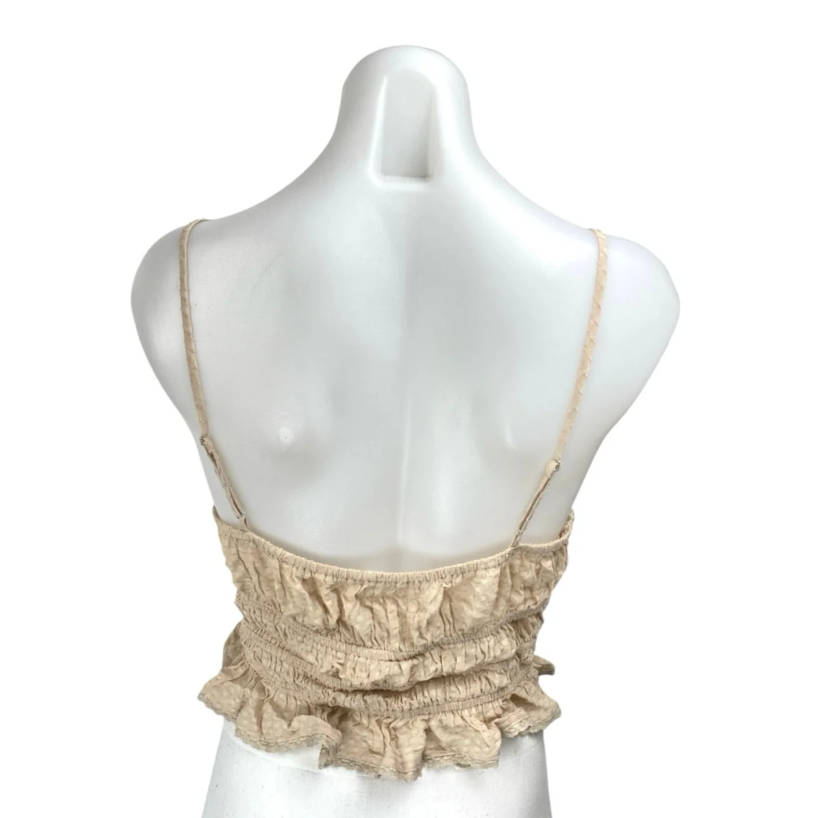 ASTR The Label Beige Sleeveless Plunging Smocked Ruffle Cami Crop Top Size S - Image 2