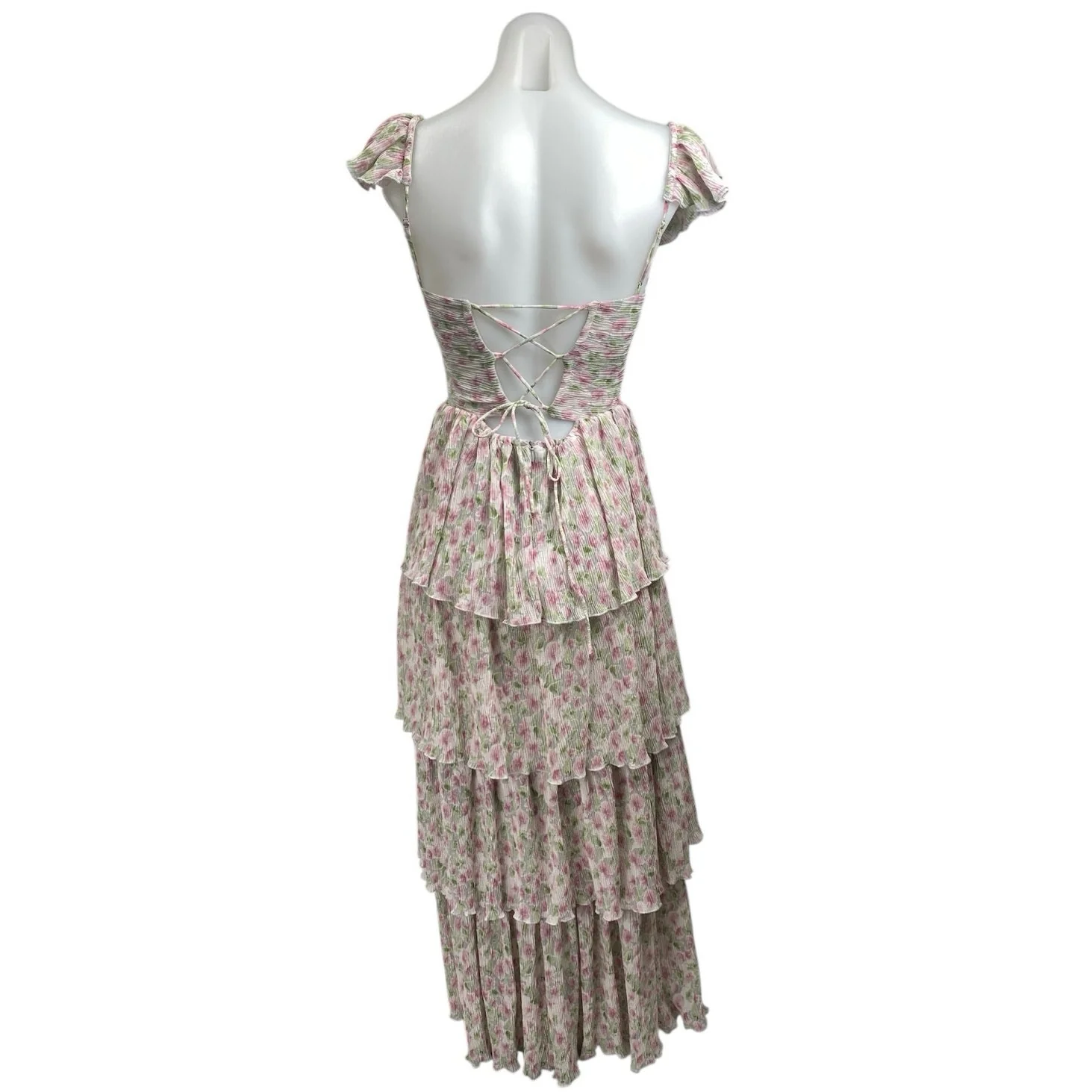 ASTR The Label Emmeline Pink Green Cutout Ruffle Floral Tiered Maxi Dress Sz XS - Image 3