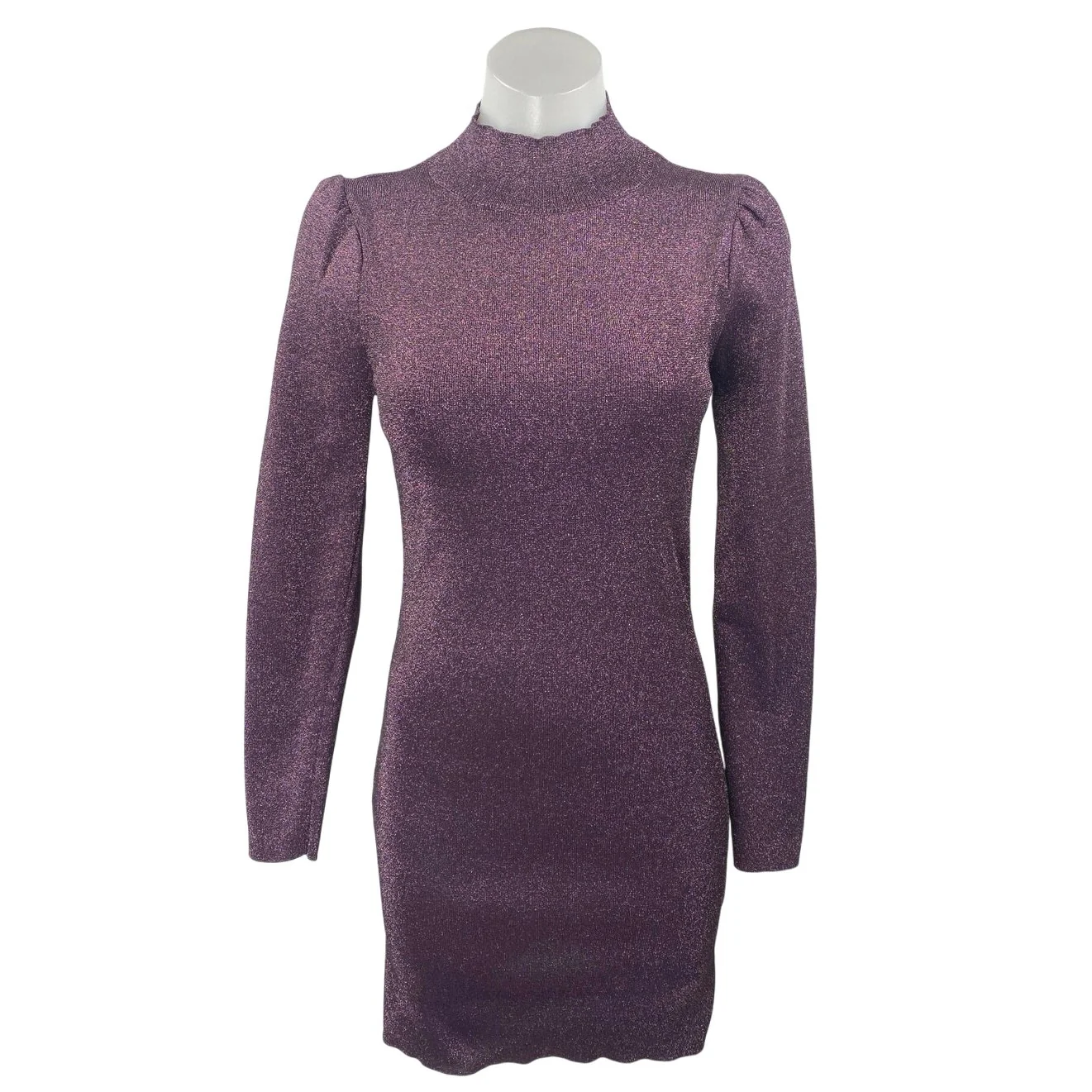 ASTR The Label Purple Metallic Long Puff Sleeve Sweater Mini Bodycon Dress Sz M