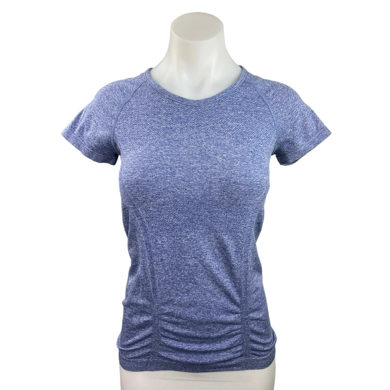 Athleta Blue Heathered Ruched Crew Neck Short Sleeve Workout T Shirt Top Size XS