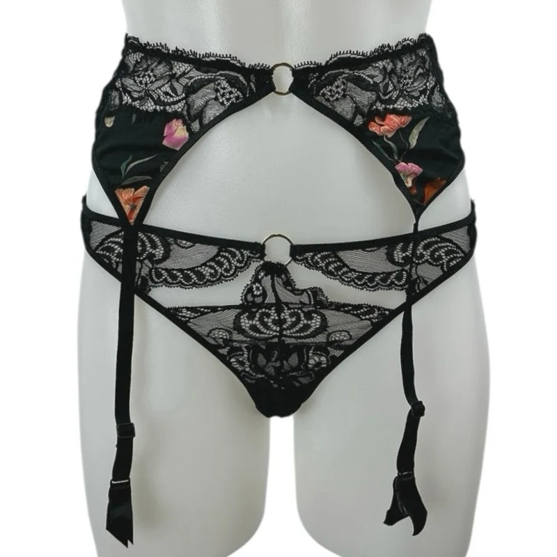 Aubade Women's Black Lace Sheer Corset Garter Belt Waist Cincher Lingerie Size S