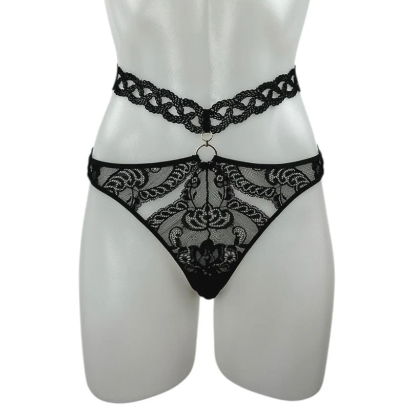 Aubade Women's Black Lace Strappy Crotchless Garter Belt Thong Underwear Panty S