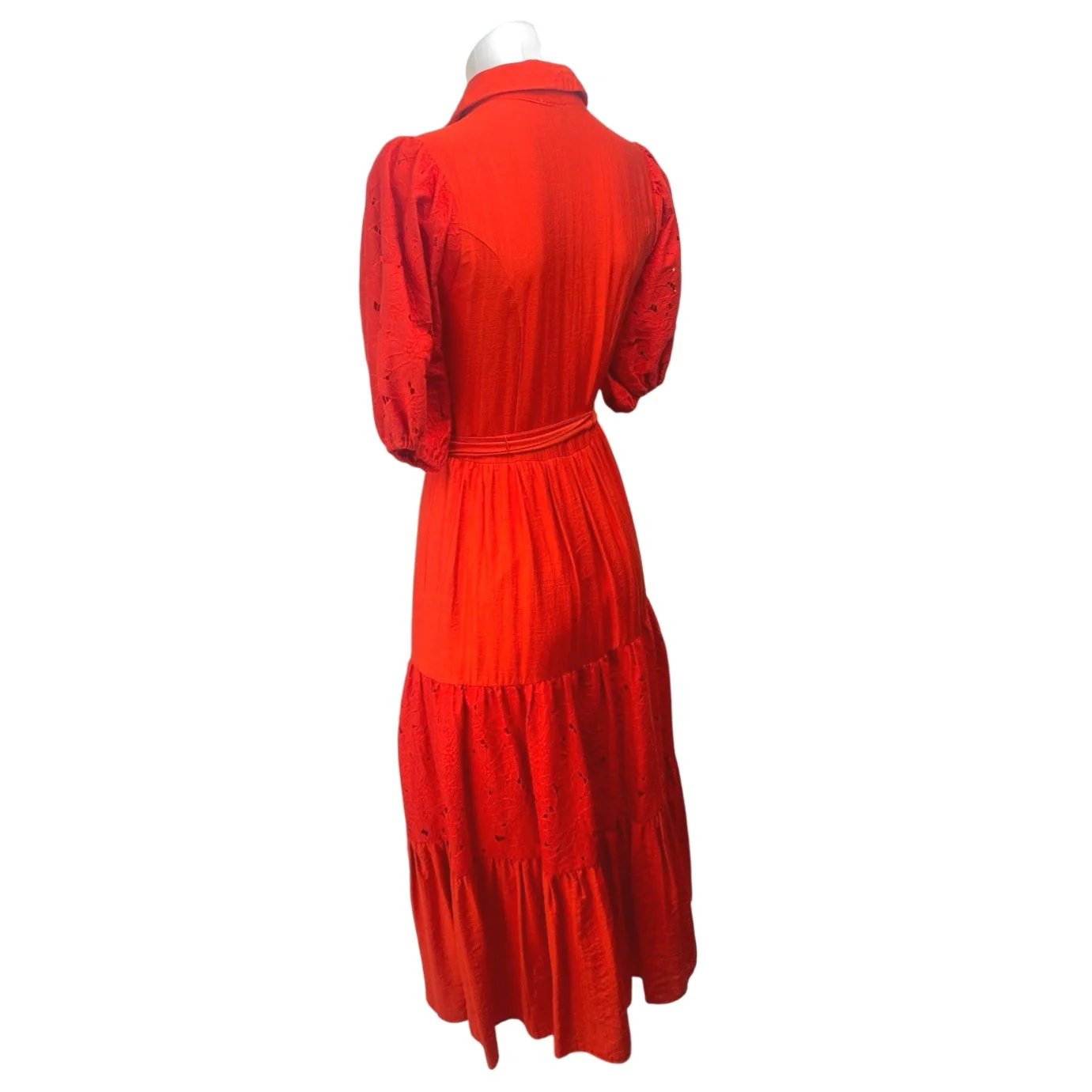 Aura Red Short Puff Sleeve Tiered Tie Waist A Line Midi Shirt Dress Size XS - Image 2