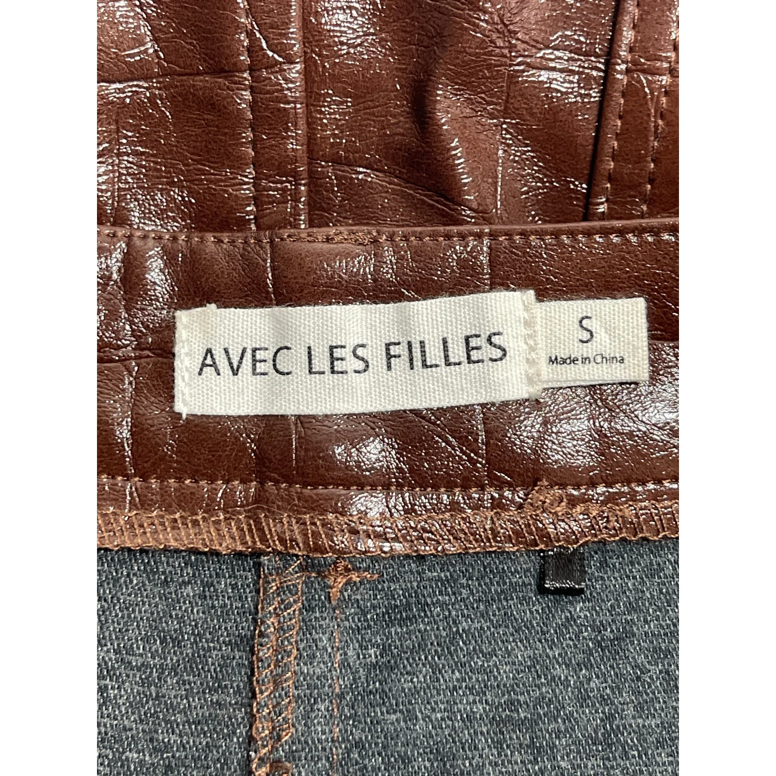 Avec Les Filles Brown Croc Embossed Faux Vegan Leather Mini Flare A-Line Skirt S - Image 5