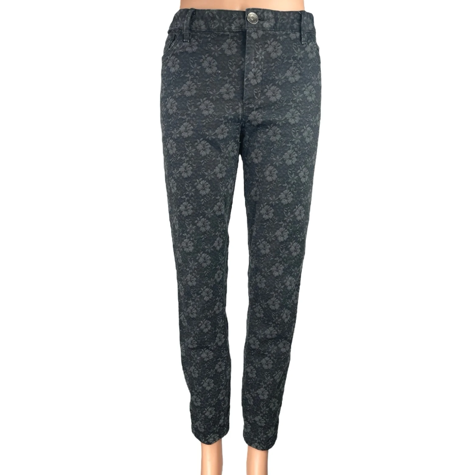 Banana Republic Black Gray Jacquard Floral Skinny Mid Rise Trousers Pants Sz 30