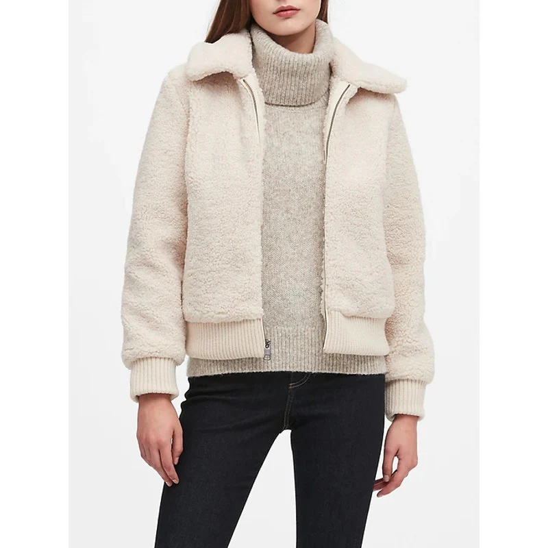 Banana Republic Cream Long Sleeve Full Zip Teddy Sherpa Bomber Jacket Size XS - Image 3