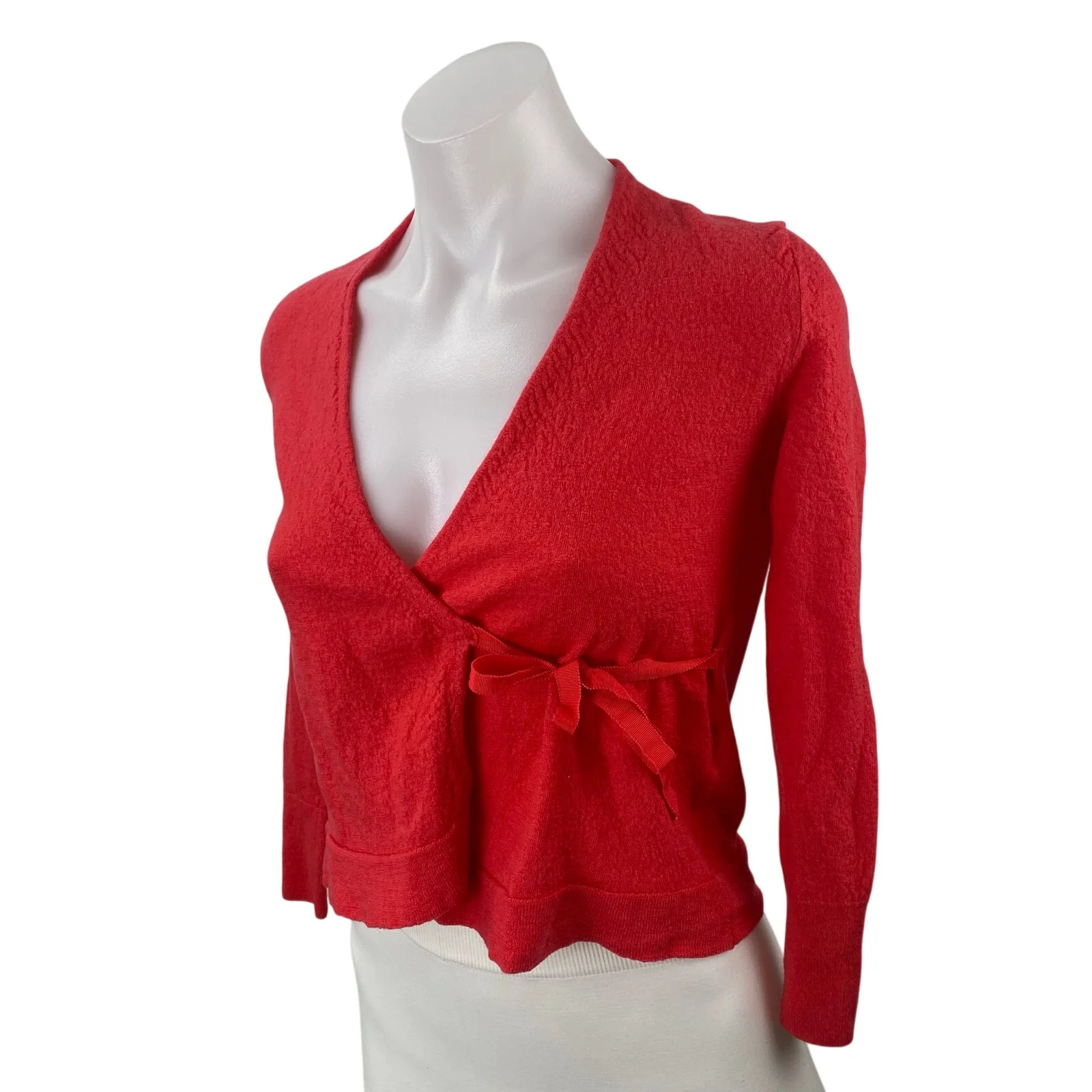 Banana Republic Red Long Sleeve Tie V Neck Cropped Wrap Blouse Top Size XS - Image 3