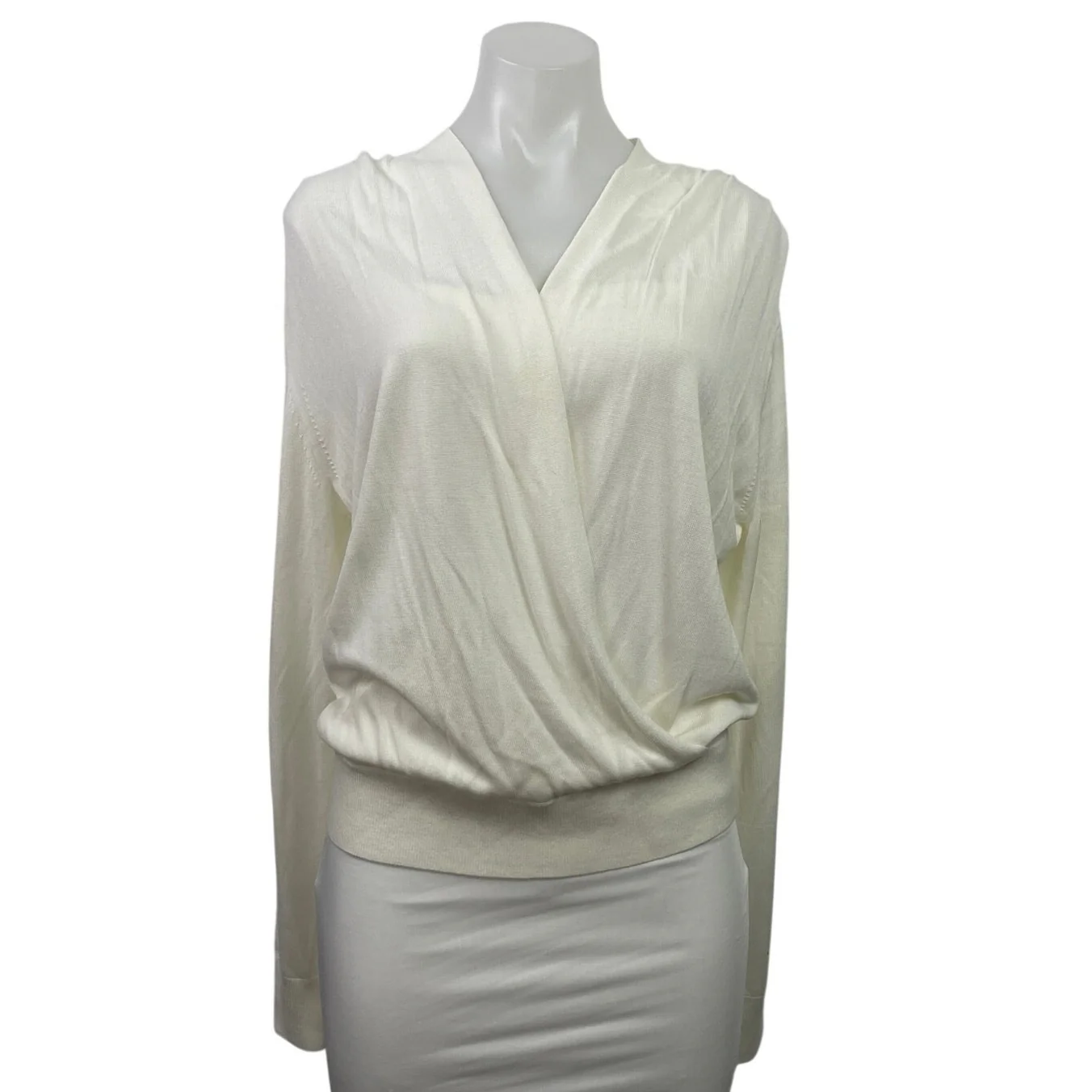 Banana Republic White Long Sleeve V Neck Faux Wrap Surplice Blouse Top Size L