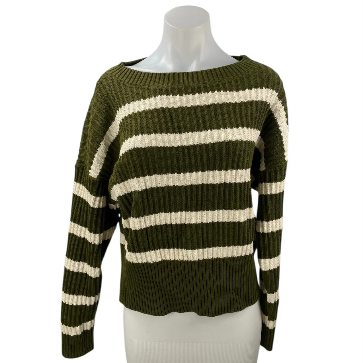 Banana Republic Women's Green White Striped Rib Knit Long Sleeve Sweater Top M