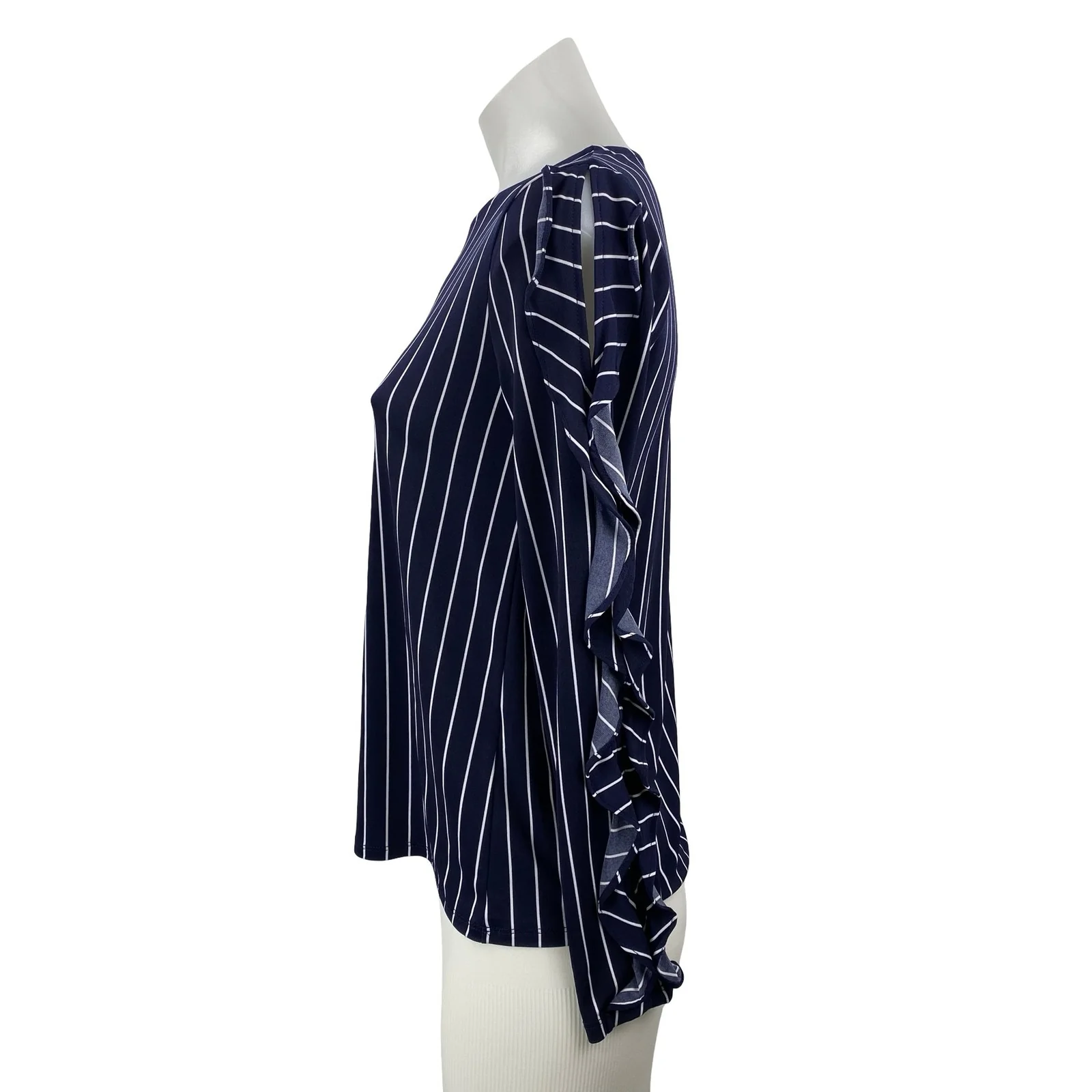 Banana Republic Women's Navy Blue Striped Ruffle Long Sleeve Blouse Top Size XS - Image 2