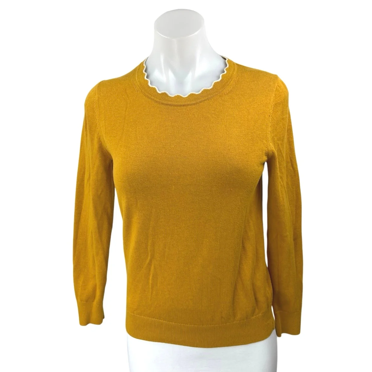 Banana Republic Yellow Knit Long Sleeve Scalloped Crew Neck Sweater Top Size XS