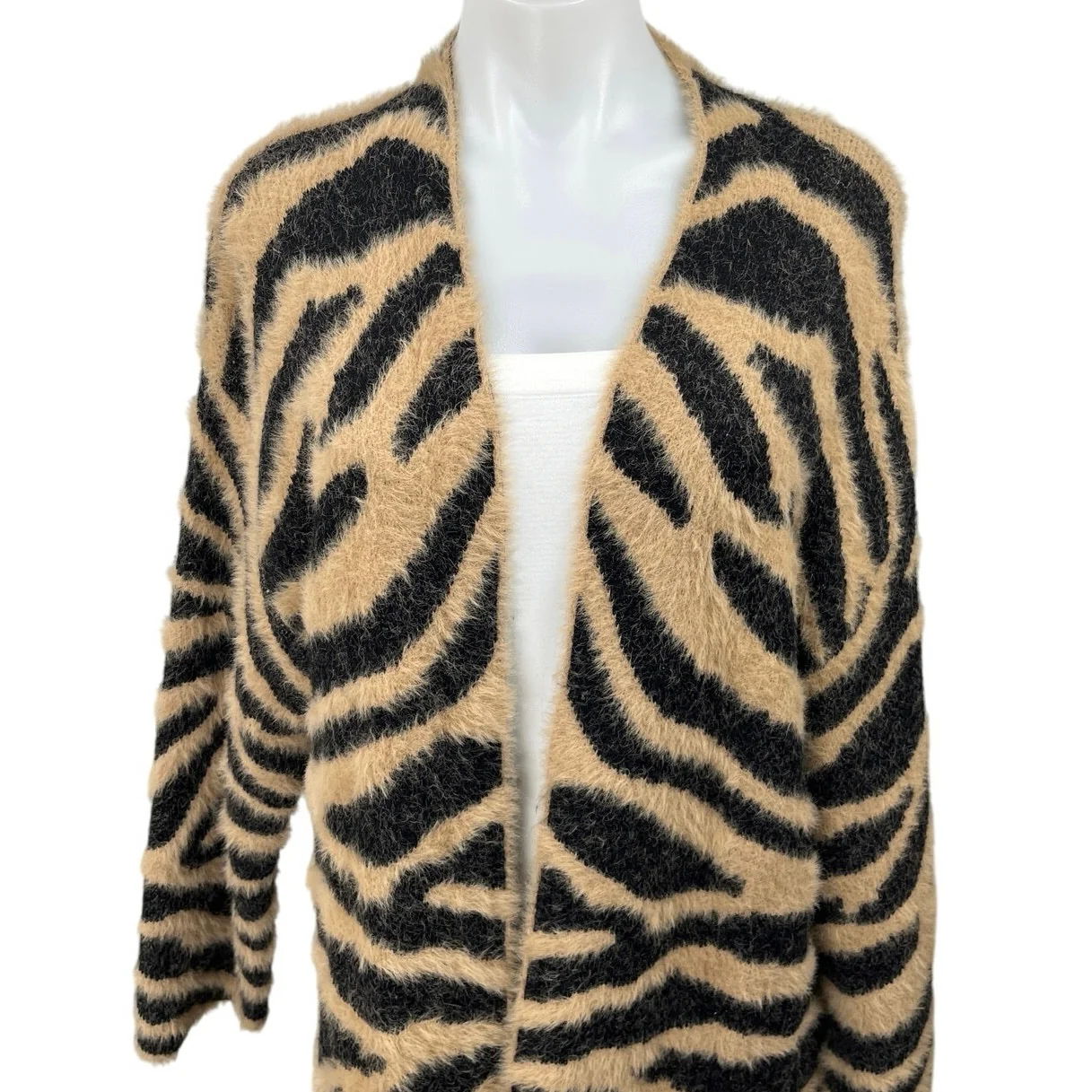 Band Of Gypsies Animal Print Faux Fur Long Sleeve Cardigan Sweater Coat Jacket L - Image 3