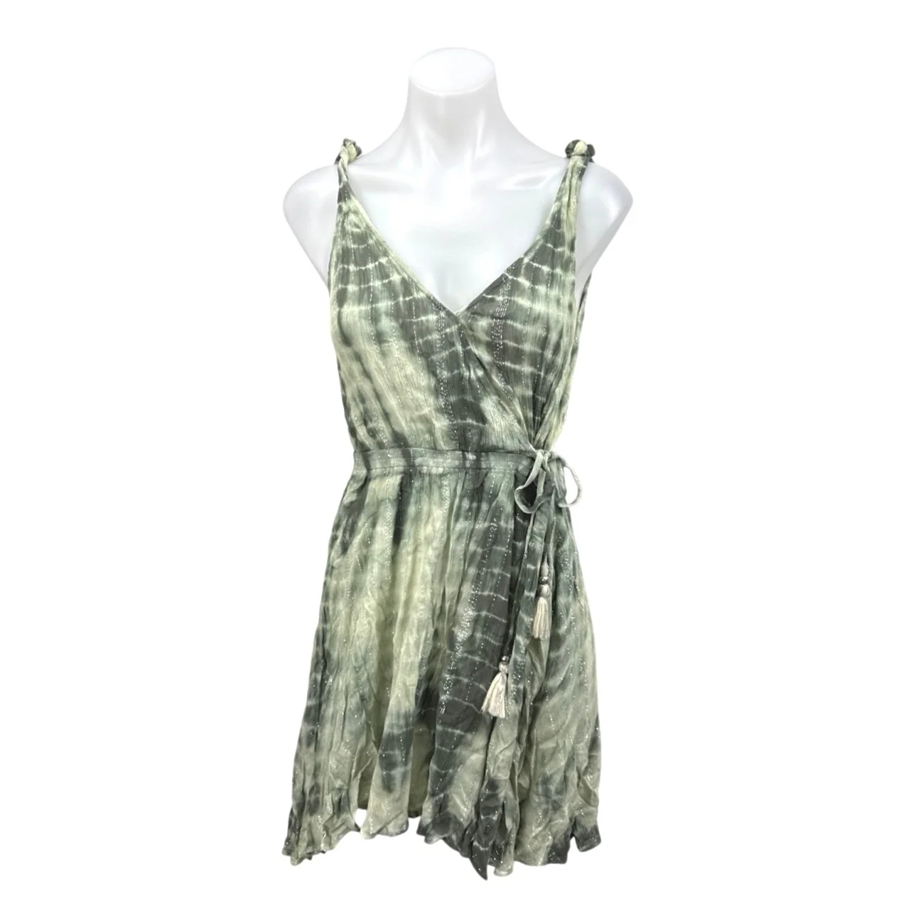 Band of Gypsies Green Metallic Tie Dye Sleeveless Mini Fit & Flare Wrap Dress S