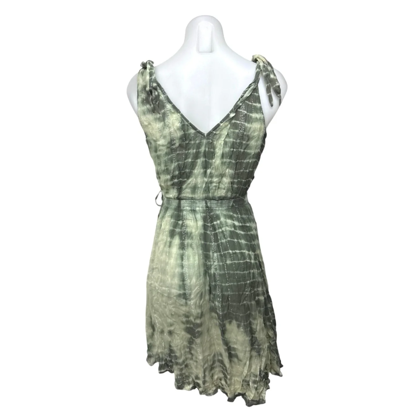 Band of Gypsies Green Metallic Tie Dye Sleeveless Mini Fit & Flare Wrap Dress S - Image 2
