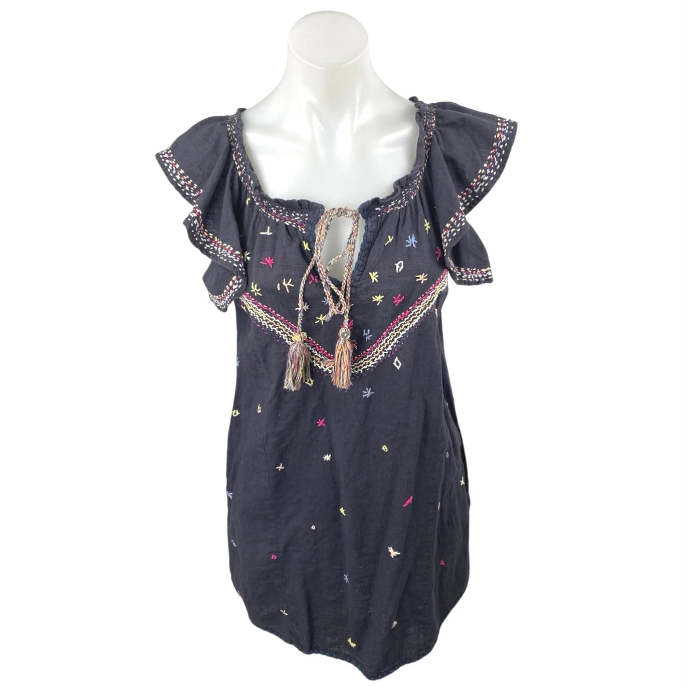 Banjara Black Embroidered Tassel Ruffle Flutter Sleeve Mini Shift Dress Size XS