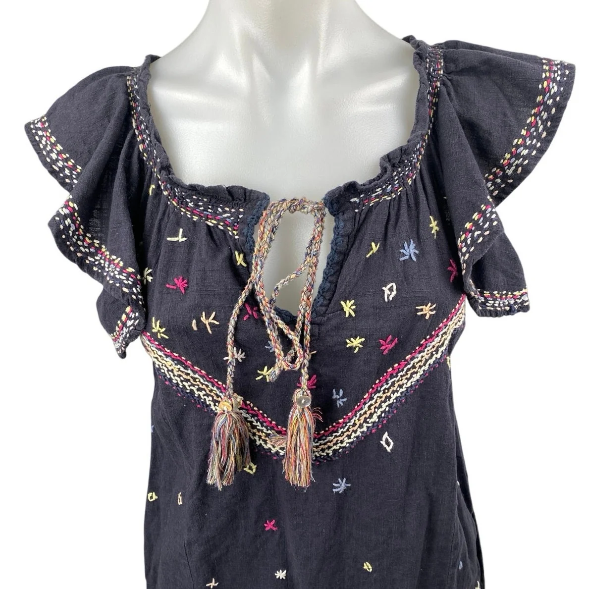 Banjara Black Embroidered Tassel Ruffle Flutter Sleeve Mini Shift Dress Size XS - Image 3