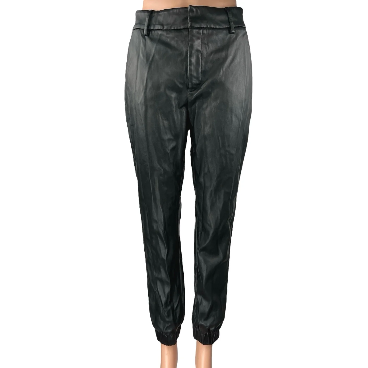 Bar III Black Faux Leather Vegan High Waisted Tapered Jogger Trouser Pants Sz 4