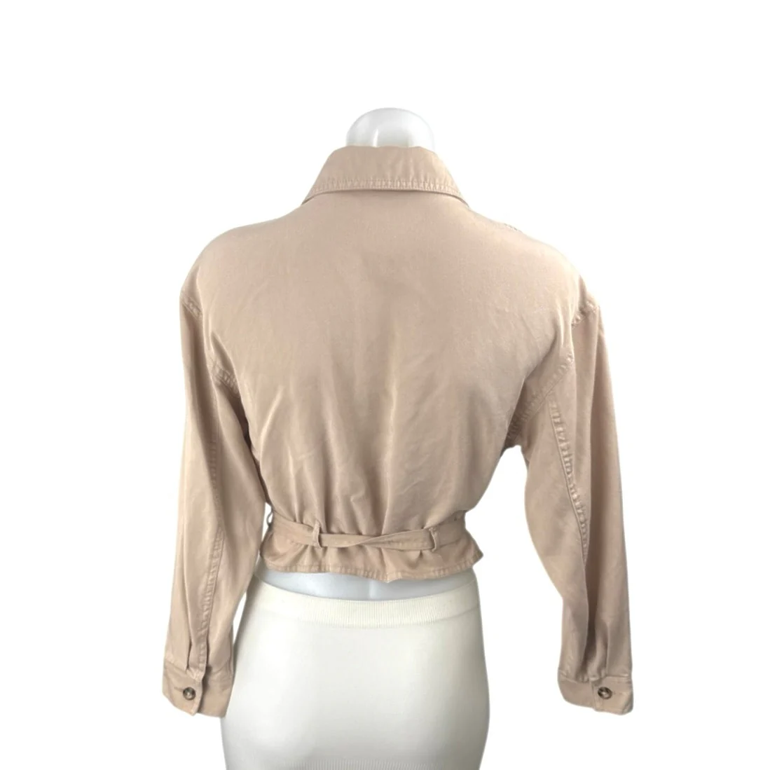 Bar III Women's Beige Long Sleeve Tie Belt Pocket Peplum Crop Shirt Top Size S - Image 3