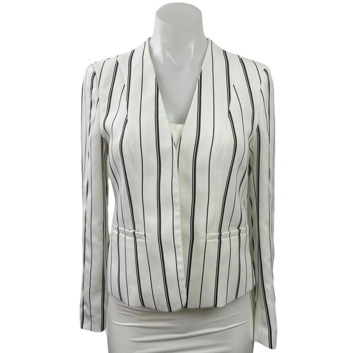 Bar III Womens White Black Striped V Neck Long Sleeve Blazer Coat Jacket Size XS