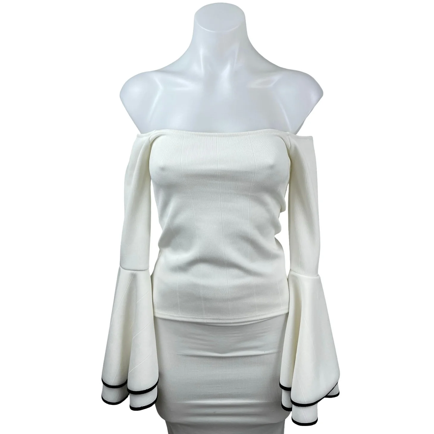 Bar III Women's White Ribbed Off Shoulder Long Bell Sleeve Crop Blouse Top XXS