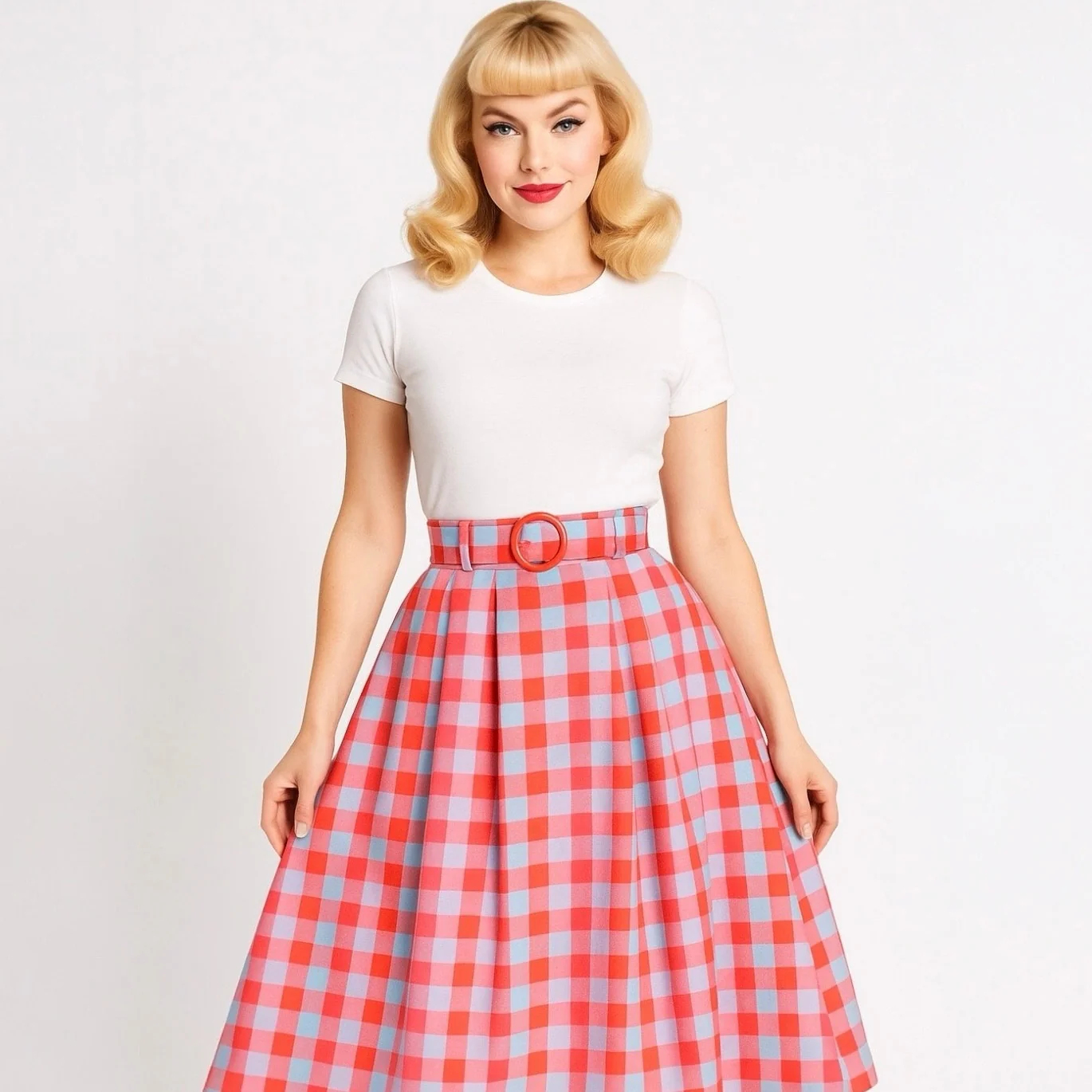 Barbie x Modcloth So Plaid It's Good Pink Pleated Belted A Line Midi Skirt Sz 26 - Image 3