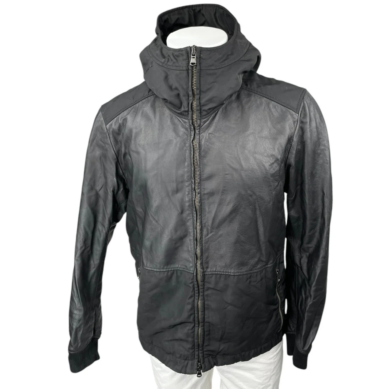 Barneys New York Black Lamb Leather Long Sleeve Full Zip Hooded Coat Jacket Sz L
