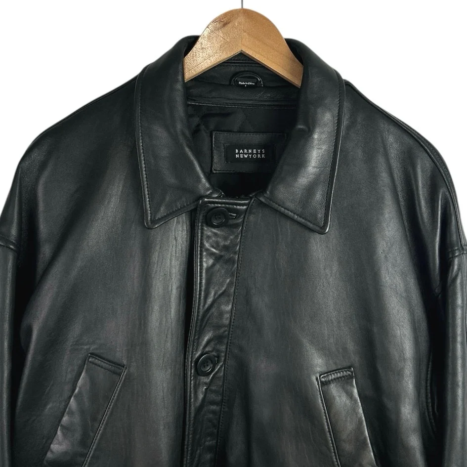 Barneys New York Men's Black Leather Pockets Button Down Moto Coat Jacket Size L - Image 3