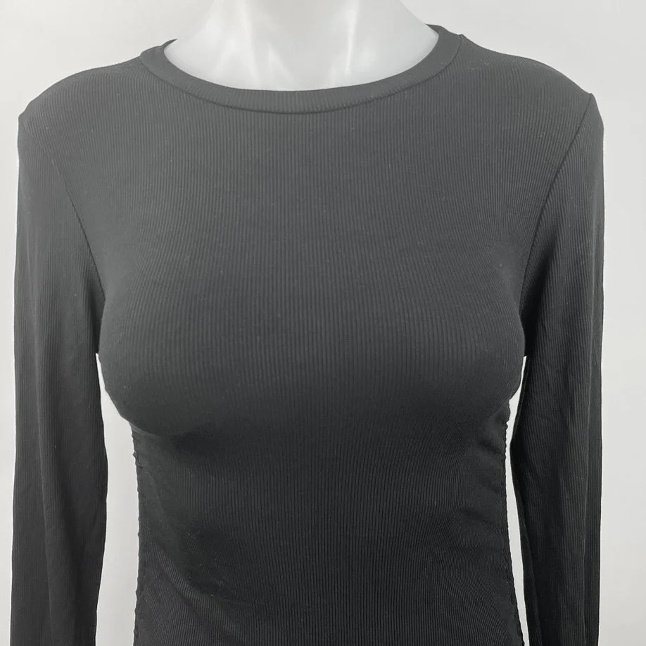 BB Dakota Black Ribbed Knit Ruched Long Sleeve Stretch Mini Bodycon Dress Sz XS - Image 3