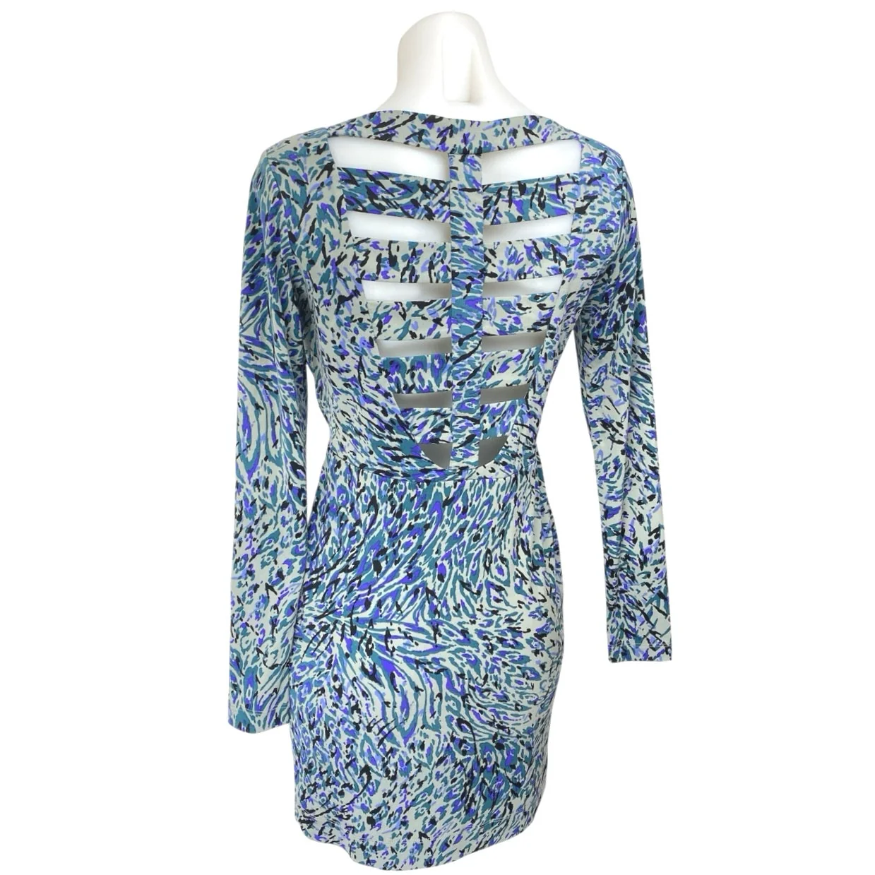 BCBGeneration Blue Abstract Long Sleeve Faux Wrap Mini Sheath Dress Size XS - Image 2