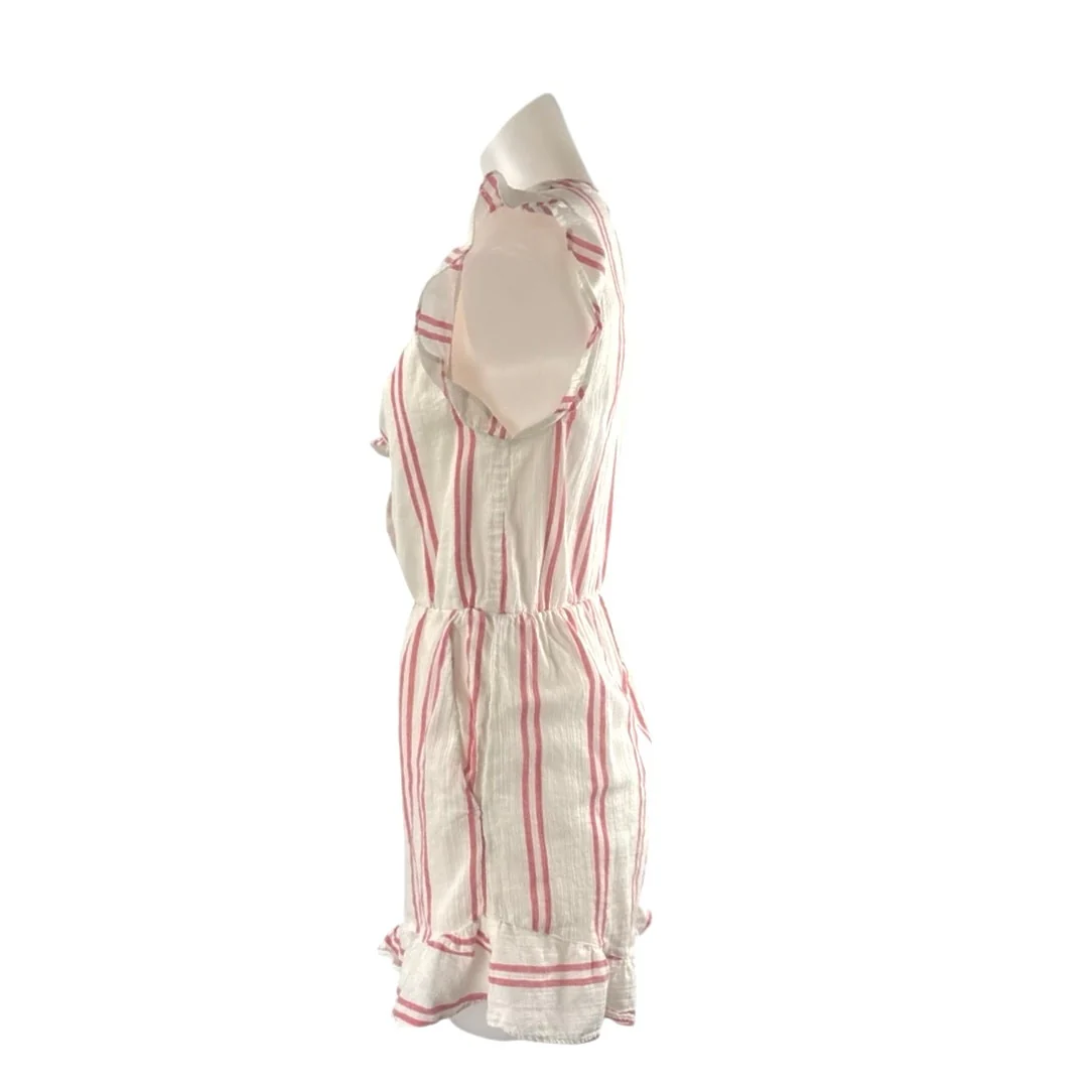 BCBGeneration White Pink Stripe Cap Sleeve Deep V Neck Ruffle Romper Jumpsuit S - Image 2