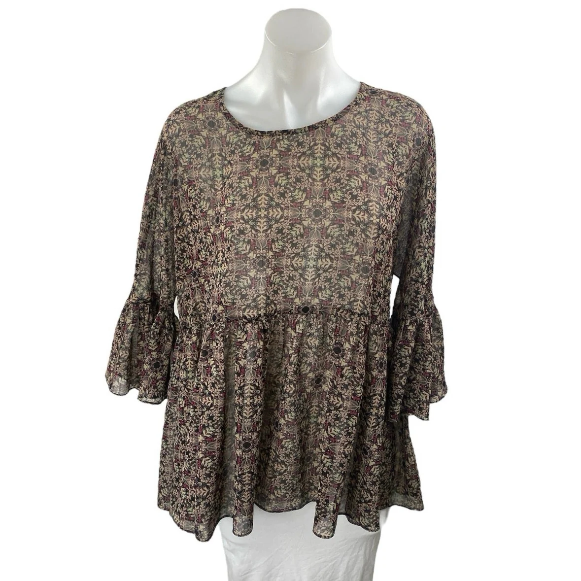 BCBGeneration Women's Brown Floral Flared Bell Sleeve Peplum Sheer Blouse Top S