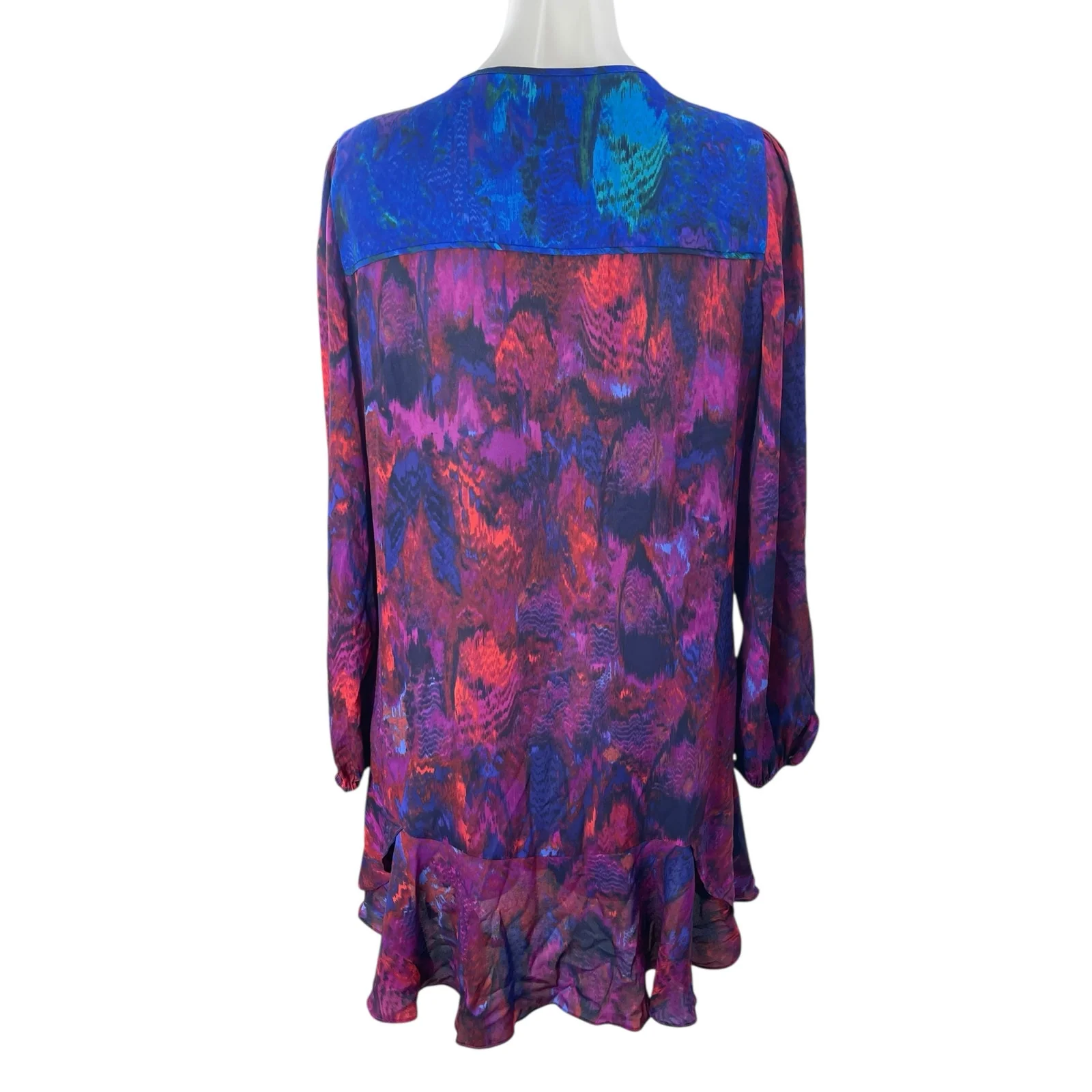 BCBGMAXAZRIA Purple Long Sleeve Abstract Tie Neck Boho Ruffle Mini Dress Size S - Image 2
