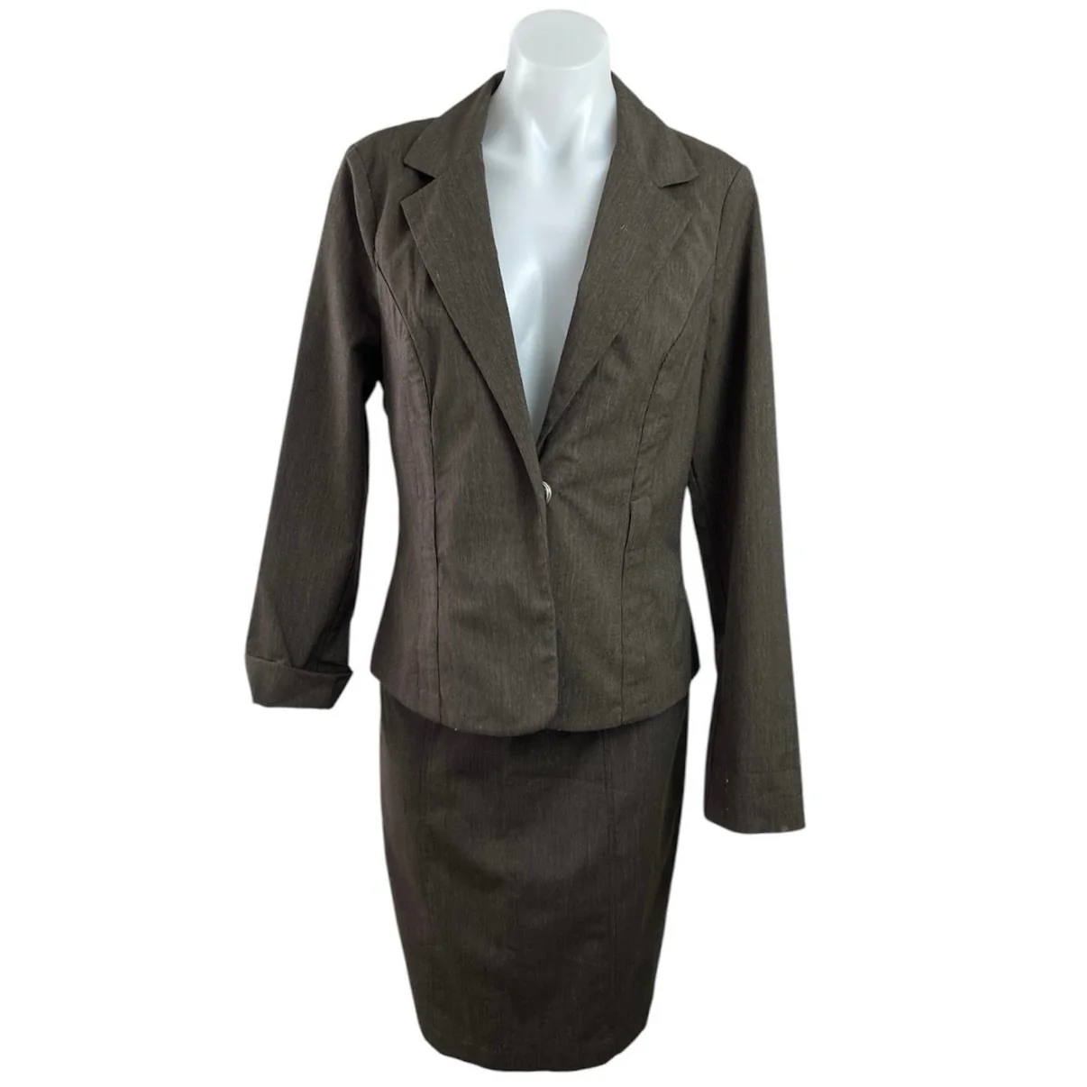 BCX Brown Long Sleeve Notch Lapel Blazer Coat Jacket Pencil Skirt Suit Set Sz L