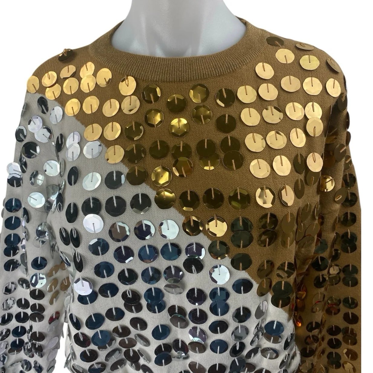 Beauty Women Gold White Sequin Metallic Colorblock Long Sleeve Sweatshirt S/M - Image 3