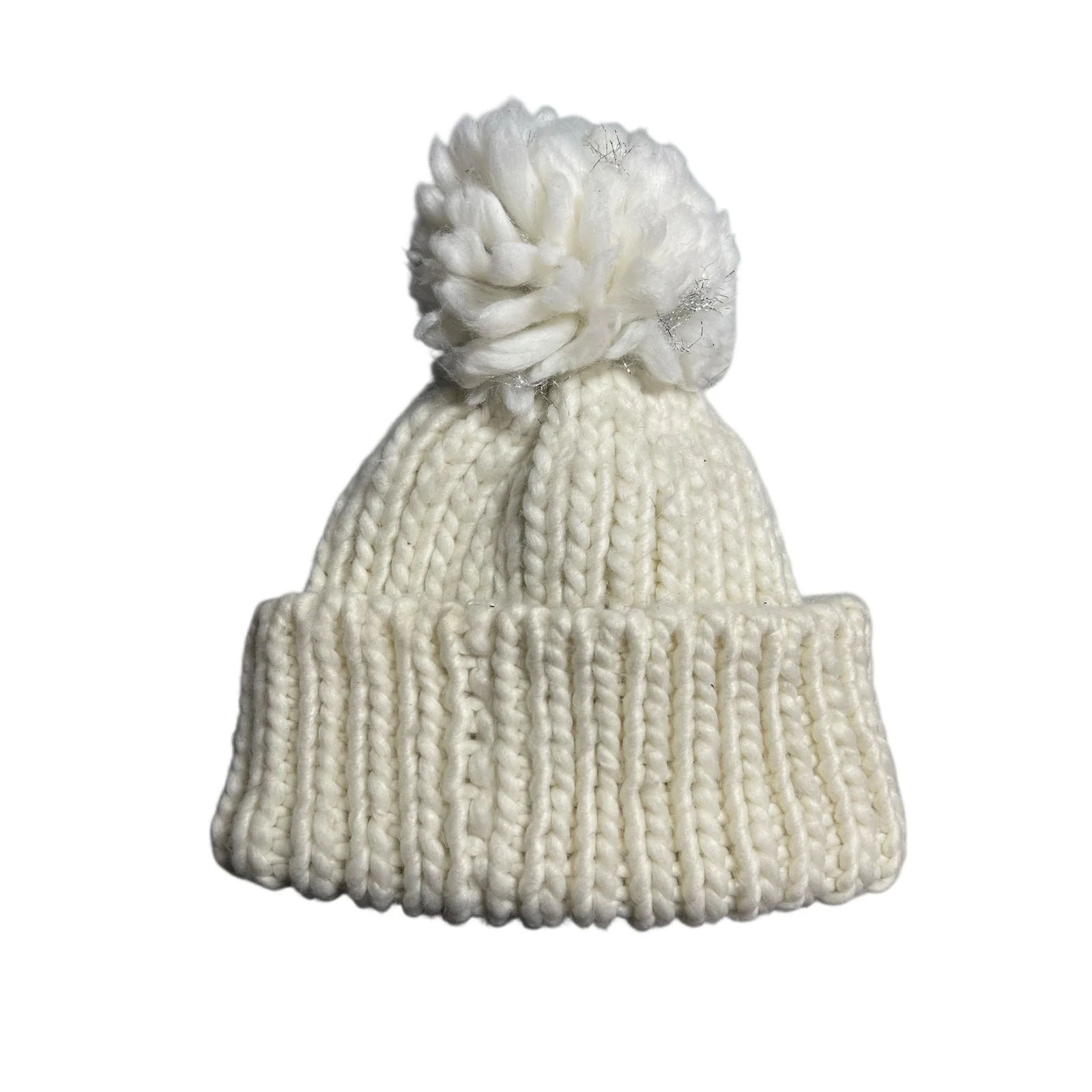 Bebe Girls Kids White Ribbed Knit Metallic Fringe Pom Pom Bonnet Beanie Hot OS - Image 2