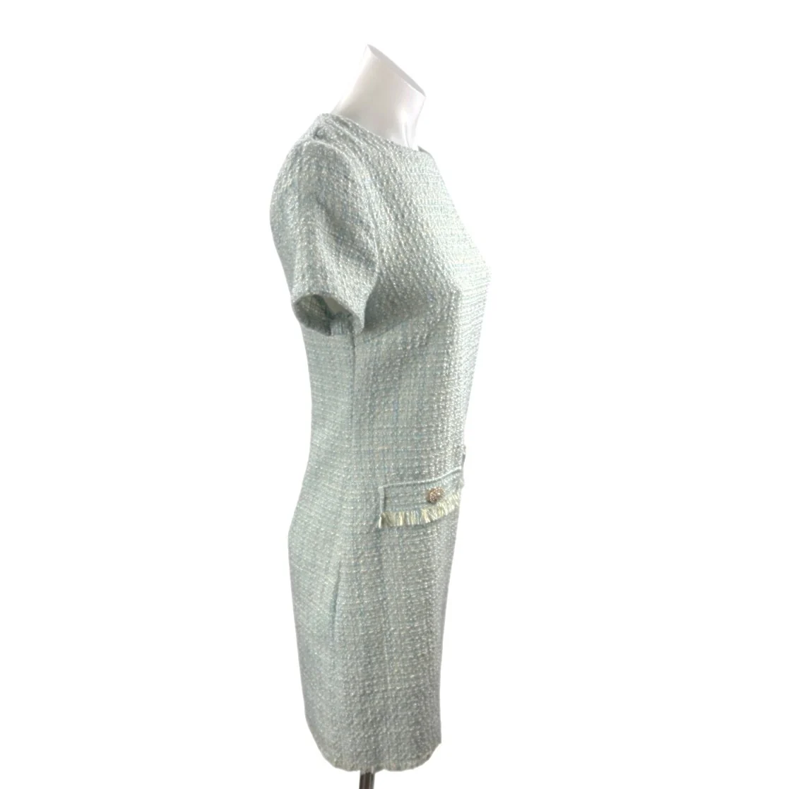 Bebop Blue Short Sleeve Tweed Crew Neck Fringe Faux Pocket A Line Mini Dress S - Image 2