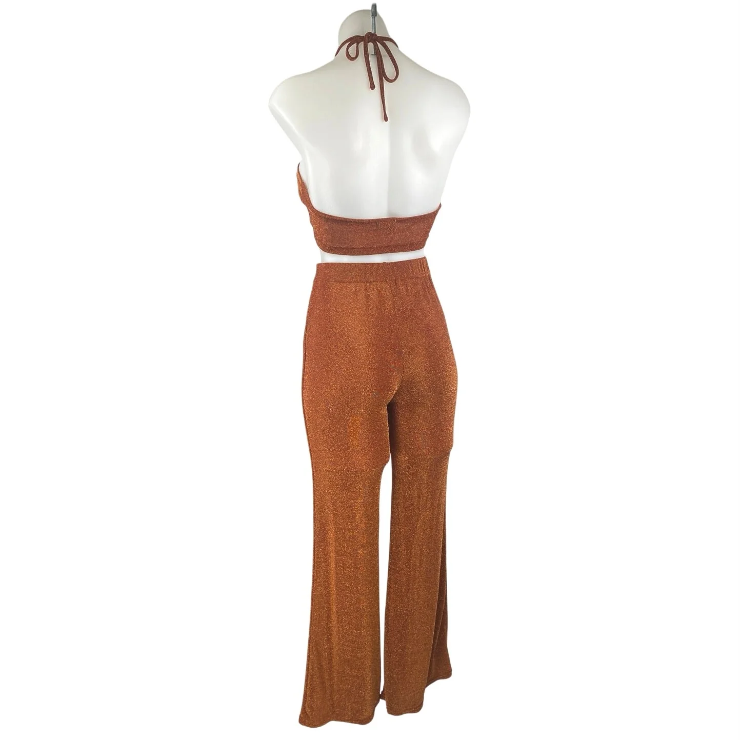 Beginning Boutique Stassie Brown Metallic Glitter Halter Top Flare Pants Set 8 - Image 2